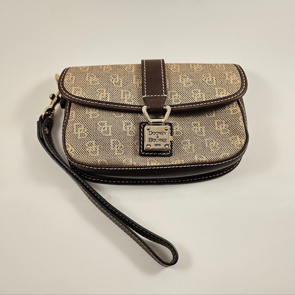 Dooney & Bourke Signature DB Wristlet Brown & Tan with Leather - Picture 2 of 8